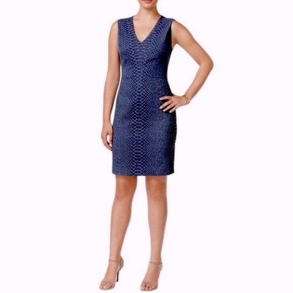 TOMMY HILFIGER Blue Snakeskin Sheath Dress Sleeveless V-Neck Medium Size 10 - Picture 5 of 16